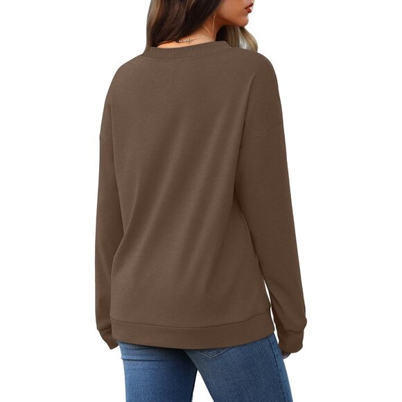 Women Sweatshirt V-Neck Ribbed Panels Fall Casual Cozy Long Sleeve - Picture 5 of 5